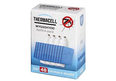 Förpackning av Thermacell myggskydd refill 4-pack som ger 48 timmars skydd.