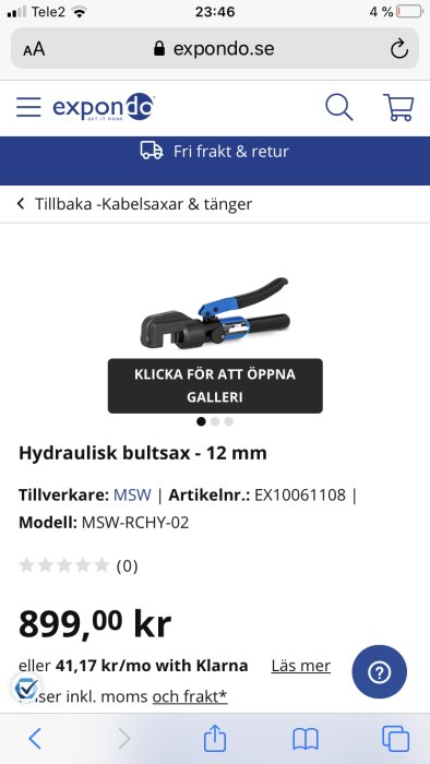 Hydraulisk bultsax på en webbshopssida, avsedd för armeringskapning upp till 12 mm.