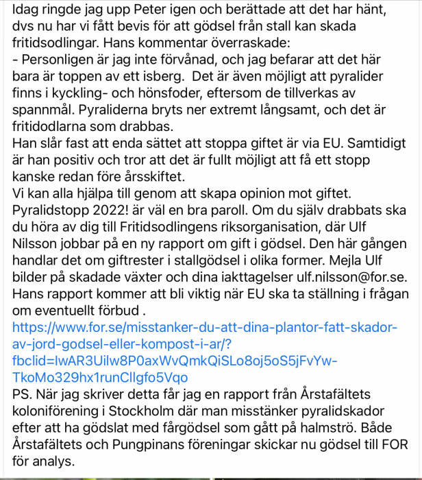 Skärmdump av ett diskussionsinlägg om skadlig gödsel, med text och en länk till ytterligare information.