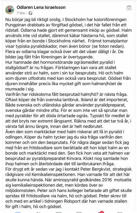 Skärmdump av ett diskussionsinlägg av Odalaren Lena Israelsson om problem med förgiftat gödsel i koloniföreningen Pungpinan.