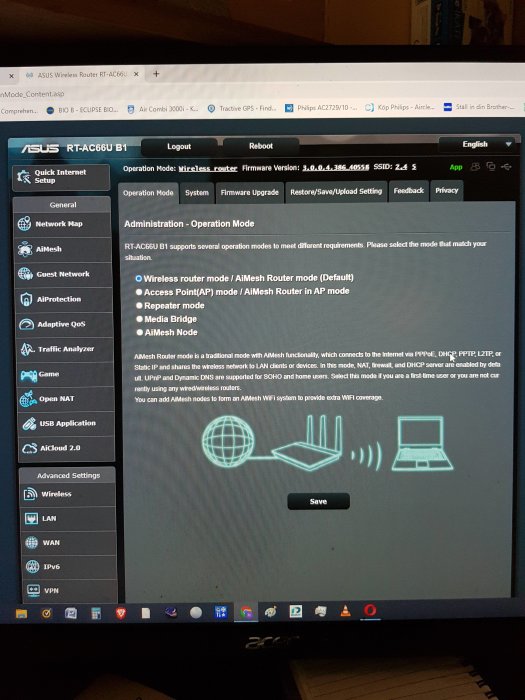 Skärmbild av en ASUS router konfigurationssida med fokus på Wireless router operation mode-inställningar.