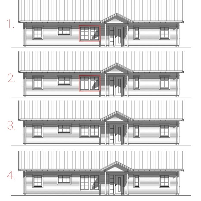 Fyra arkitektoniska ritningar av ett enfamiljshus visar olika fönsterplaceringar med en markerad ram runt ett fönster på varje.