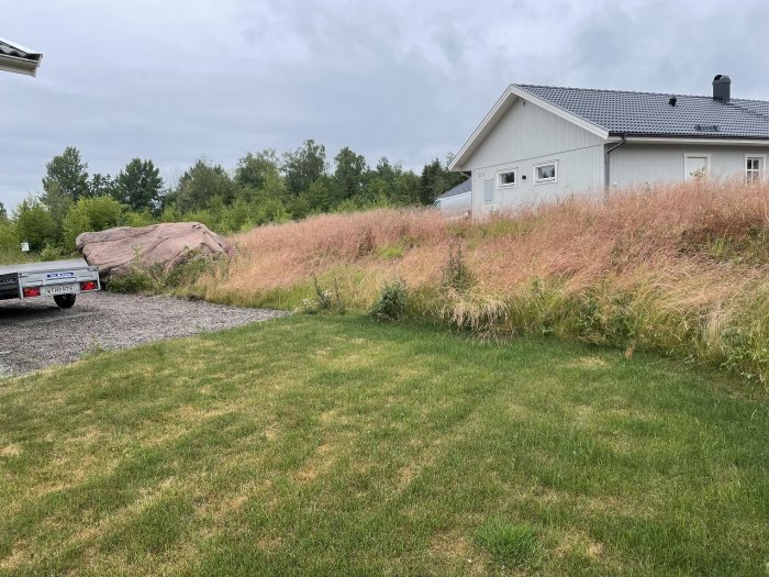 Vit villa med sluttande kulle av ogräs framför, stenblock i bakgrunden, gulnad gräsmatta.