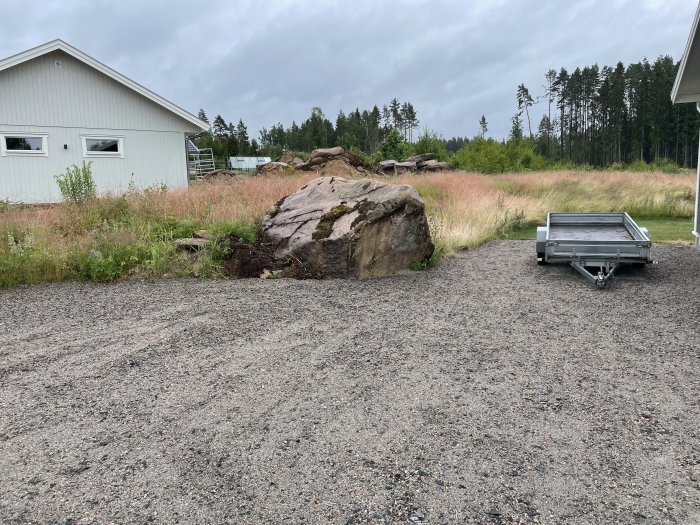 Ojämn sluttning med berg och övervuxen vegetation vid hus, grusuppfart med släpvagn i förgrunden.