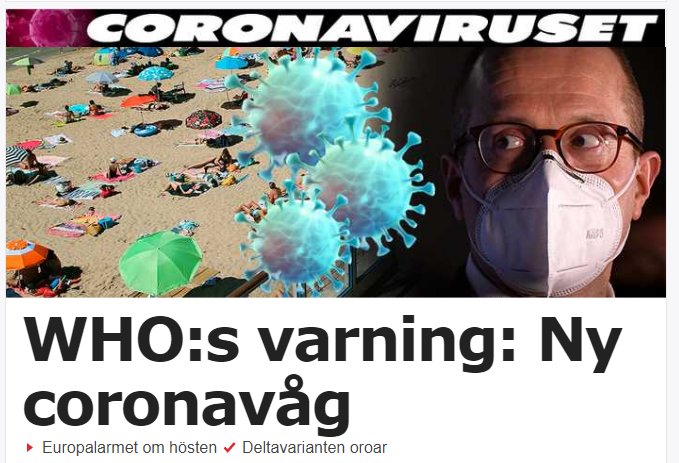 Illustration av viruspartiklar över strandscen och man med mask, rubrik om WHO:s varning för ny coronavåg.