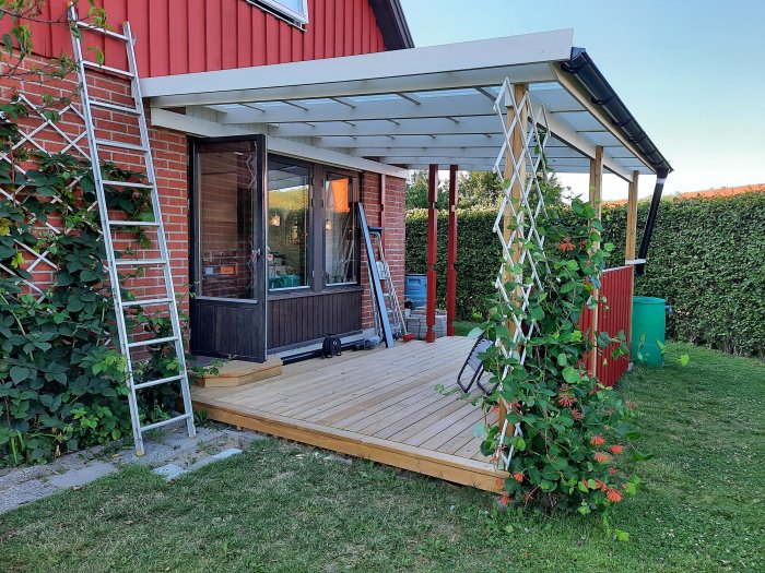 Halvfärdig träterrass vid röd husvägg med nya stolpar och en stege, omgiven av gröna växter och en blå himmel.