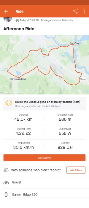 Skärmdump av cykelturdata med karta, avstånd 42,07 km, tid 1:22:22, medelhastighet 30,6 km/h och höjdvinst 286 m.