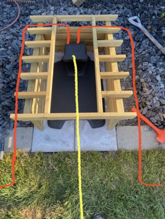 Robotgräsklippare under trädtäckning med markerade avgränsningskablar och guidekabel på gräsmatta.