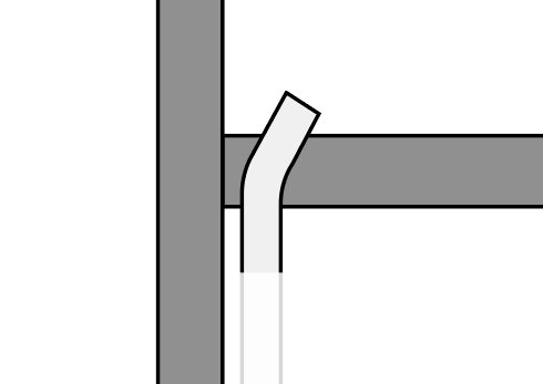Schematisk illustration av ett gammalt gjutjärnsavloppsrör som sticker ut från en källarvägg och kröker nedåt.