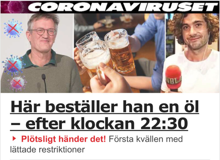 Person skålar med ölglas, reporter med mikrofon, rubrik om ölbeställning efter 22:30.