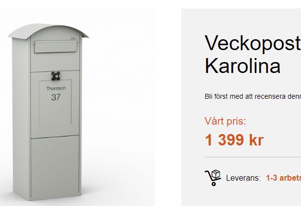 Grå veckopostlåda modell "Karolina" med namnskylt och prisangivelse.