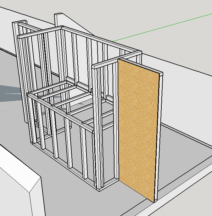 3D-ritning av en platsbyggd våningssäng utan borttagen vägg, med en synlig inritad skiva.