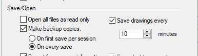 Skärmdump av programinställningar för att spara ritningar var 10:e minut och skapa säkerhetskopia.