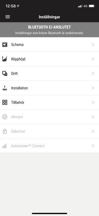 Skärmdump av inställningsmenyn i en app med avaktiverade Bluetooth-funktioner och menyval som Schema och Klipphöjd.