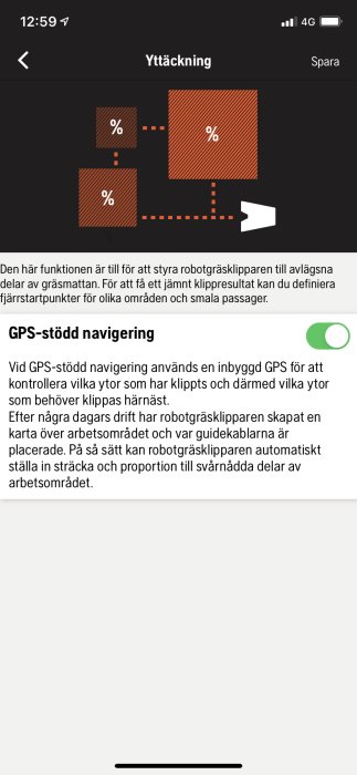 Skärmavbild av en app för robotgräsklippare som visar en gräsytas täckningsgrad och inställningar för GPS-stödd navigering.