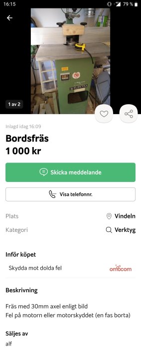 Bordfräs av märket ELEKTRA med ett trästycke fäst vid fräsen och måttband på arbetsbänken.