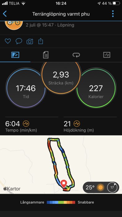 Skärmavbild av träningsapp visar löpsträcka på 2,93 km, tidsåtgång, kalorier och tempo med karta.