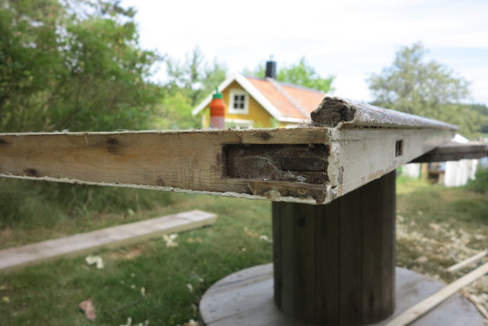 Renoverad dörrkant med nytt trästycke och urtag för gångjärn, arbetsmiljö utomhus.