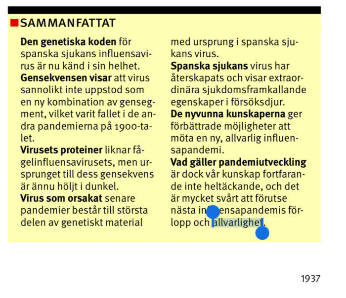 Skärmbild av en artikel som diskuterar spanskans virus genetiska kod, återuppståndelse och kunskaper om influensapandemier.