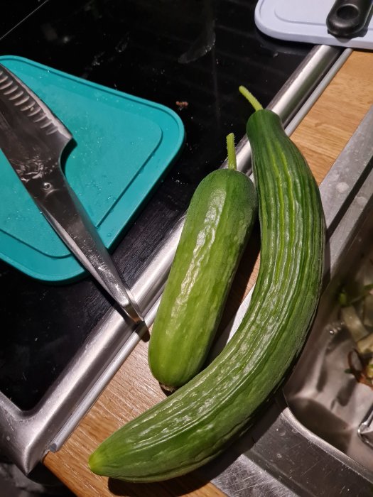 Två färska hemodlade gurkor på en köksbänk bredvid en kniv och skärbräda.
