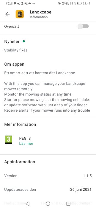 Skärmbild av Landxcape-appens informationssida som visar nyheter, appbeskrivning och version.