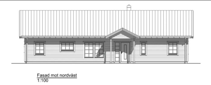 Ritning av husfasad mot nordväst med etikett 1:100, visar tak, fönster, dörr och veranda.