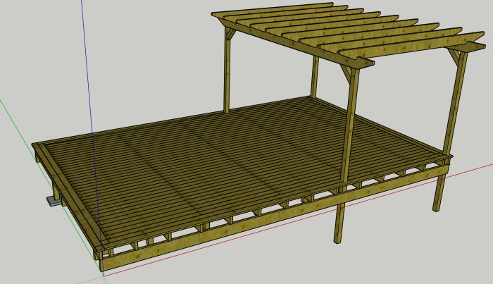 3D-modell av en altan med pergola som planeras att byggas på en stenig sluttning.