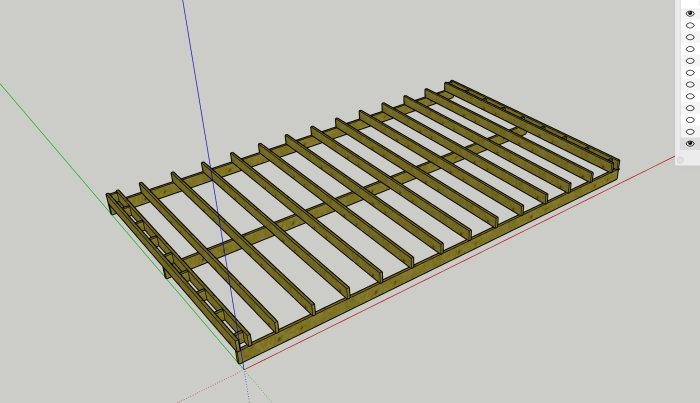 3D-modell av en altanstruktur med bärlinor och tvärgående reglar, planerad för en sluttning.