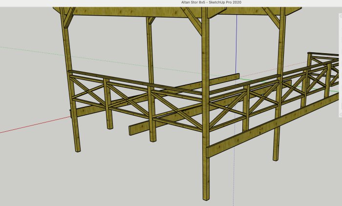 3D-modell av en träkonstruktion för altan med bärlinor och kryssmönstrade reglar i SketchUp.