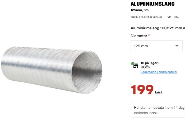 Aluminiumslang för anslutning till spiskåpa eller imkanal, 125 mm diameter.