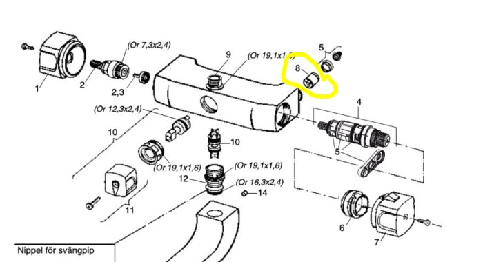 Exploded-view illustration av en blandare med markerade backventiler och filterinsatser.