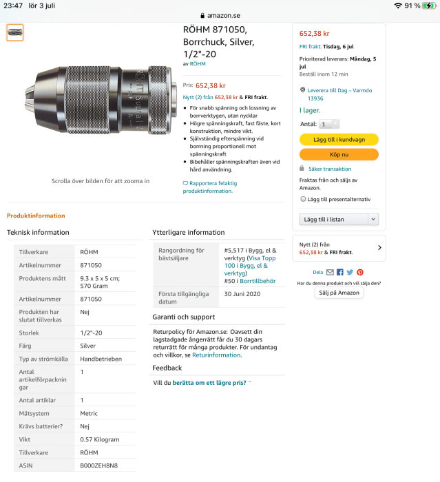 RÖHM pelarborrchuck i silverfärg, storlek 1/2"-20 med teknisk information och pris på Amazon.