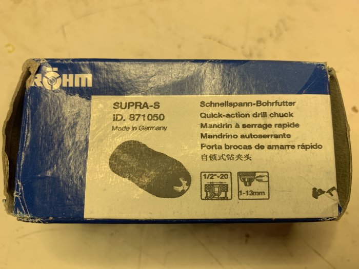 Röhm Supra-S snabbchuck för borr i originalförpackning, märkt "Made in Germany".