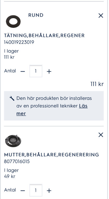 Skärmdump visar två byggdelar, en packning och en mutter, med artikelnummer och pris, rekommenderad professionell installation.