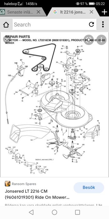 Exploded view illustration of Jonsered LT 2216 CM ride-on mower parts with numbers for assembly reference.