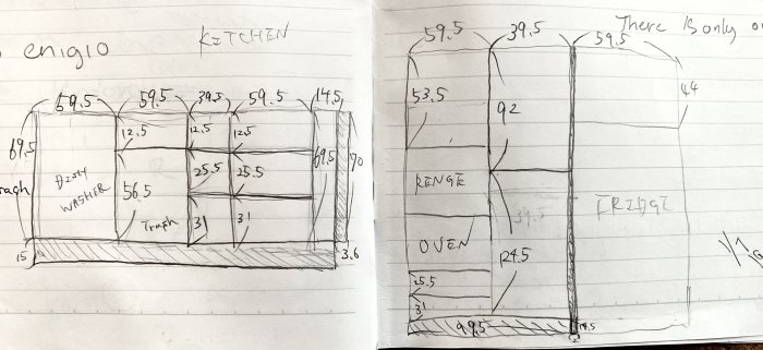 Handritad skiss av köksinredning med måttangivelser för luckor och apparater.