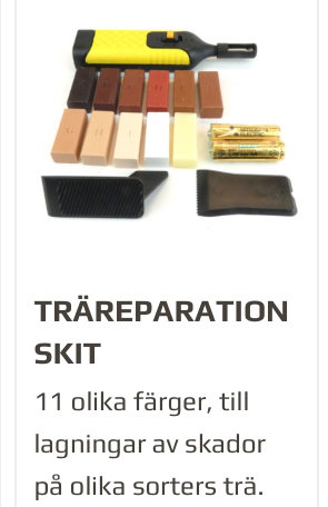 Ett träreparationsskit med 11 färgstickor i olika nyanser av brunt och beige, en smältjärn och två smältblock.