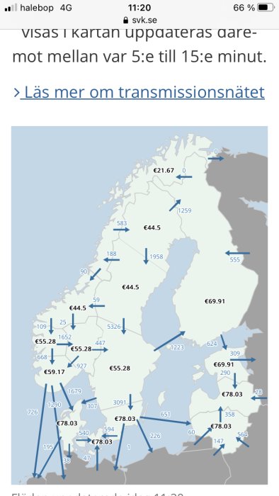 Karta som visar elpriser och elområden i olika regioner med priser i euro.