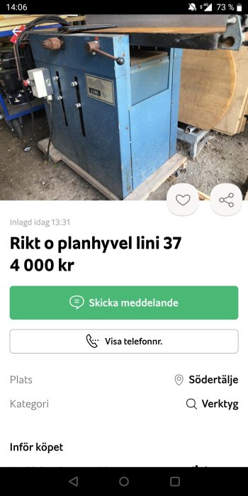 Blå rikt- och planhyvel Lini 37 till salu i ett garage, synliga reglage.