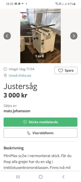 Begagnad justersåg till salu, potentiellt komplett, står i ett växthus.