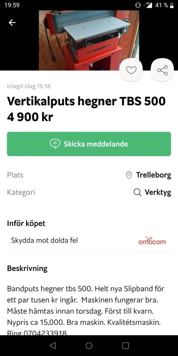 Bild på en vertikalputs Hegner TBS 500 till salu, nytt slipband ingår.