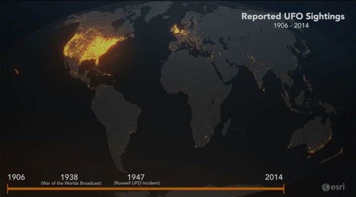 Karta som visar rapporterade UFO-observationer globalt från 1906 till 2014.