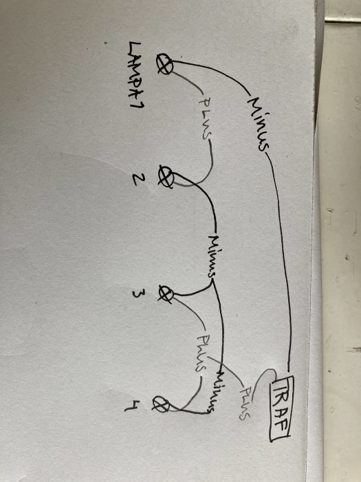Handritad skiss av en elektrisk koppling för fyra spotlights med ett drivdon, plus och minus ledningar markerade.