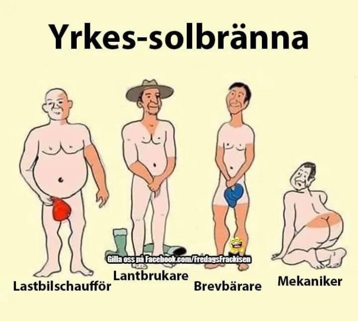 Illustration av karikatyrer som visar yrkesrelaterade solbrännor hos lastbilschaufför, lantbrukare, brevbärare och mekaniker.