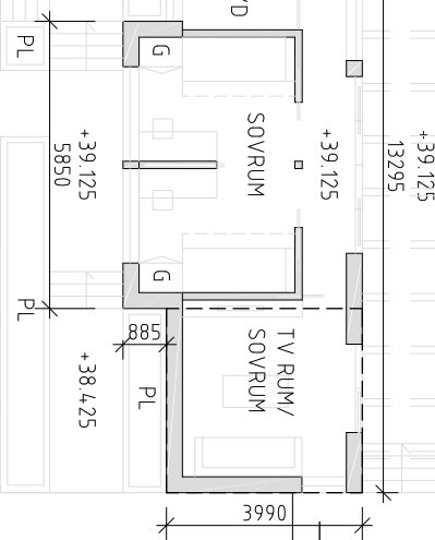 Ritning av ett hus med markerade plan för ett korridorsanslutet vardagsrum och måttangivelser.