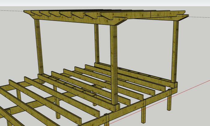 3D-rendering av en träpergola-konstruktion med stolpar som inte går ner i marken.