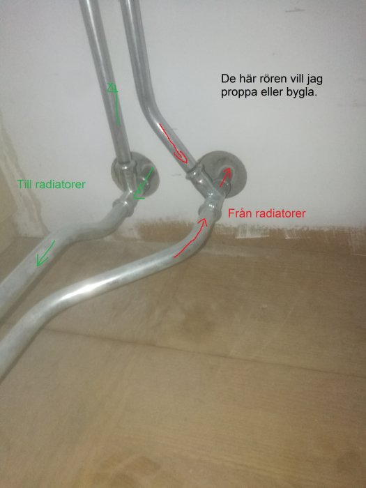 Värmerör ur en 1-rörsslinga markerade för att proppas eller byglas, med anvisningar för till och från radiatorer.