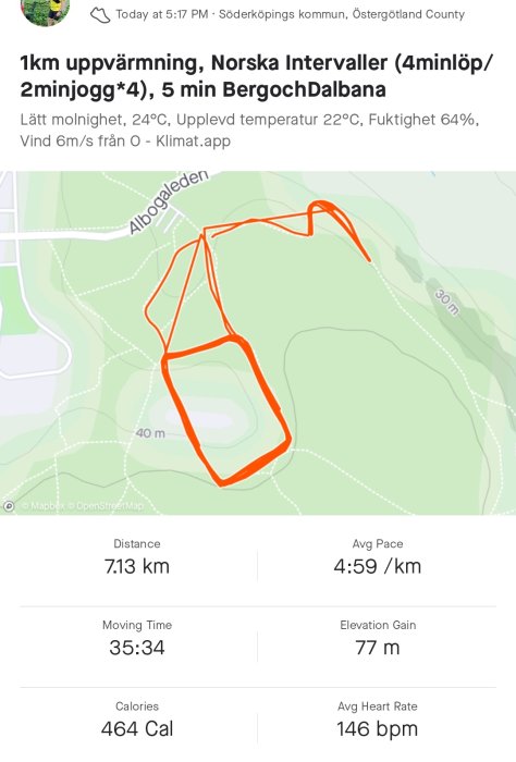 Skärmklipp av löparkarta och statistik inklusive rutt, tid, distans och hjärtfrekvens.
