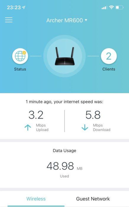 Skärmdump av Archer MR600 modem gränssnitt som visar låg uppladdning och nedladdning hastighet samt använd data.