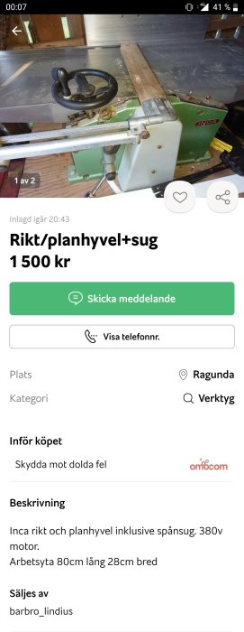 Del av en Inca rikt och planhyvelmaskin med spånsug säljes, synlig vred och arbetsyta.